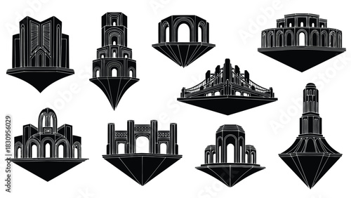 Abstract black flat vector illustrations of floating architectural structures, featuring stylized towers, bridges, and, isolated on white background