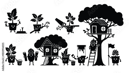 Flat vector illustration of cute animated plant pot characters building whimsical treehouses, hammering, sawing,, isolated on white background