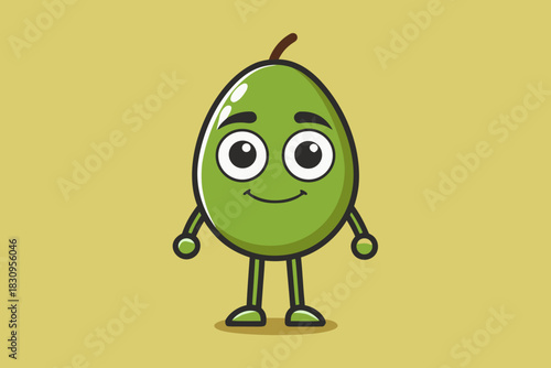 A cheerful cartoon avocado character with big eyes and a smile stands on a plain yellow background