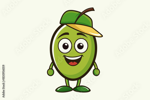 A cheerful cartoon mango character with a green leaf hat and a yellow brim stands happily against a plain background