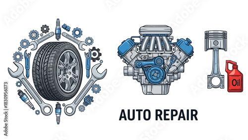 Professional mechanic vector elements with gear frame, engine, and piston for auto repair branding