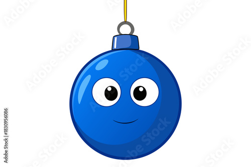 A cheerful blue christmas ornament with big eyes and a happy smile hangs on a string