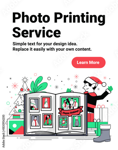 Santa Christmas photo album holiday celebration open scrapbook with family portraits Christmas tree gifts festive decorations elf cartoon character modern flat website banner