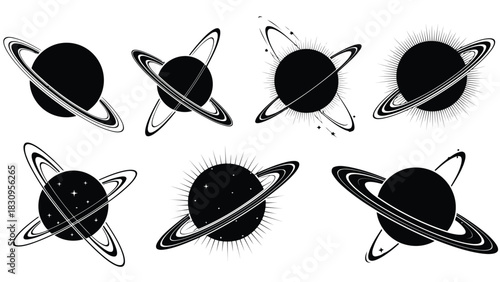 Flat vector illustration of black planets with rings, showing diverse orbits, radiating light and sparkling stars., isolated on white background