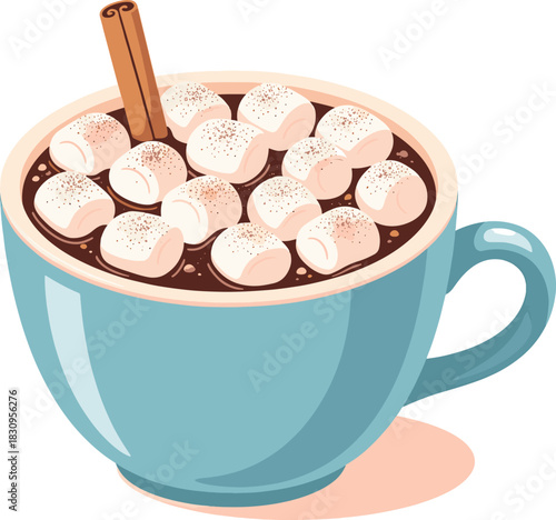 Cozy blue mug of warm hot chocolate generously topped with fluffy marshmallows and a cinnamon stick. A sweet winter beverage vector illustration