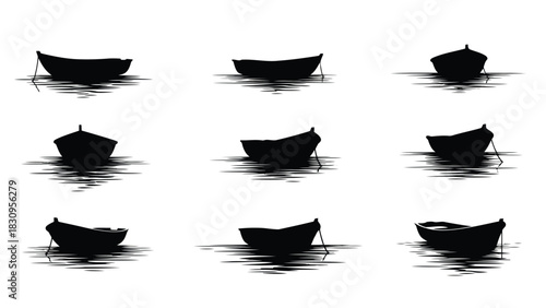 Nine classic small boat silhouettes floating on calm water with reflections, presented as minimalist flat vector, isolated on white background