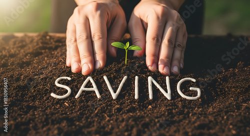 Hand Planting Green Seedling with Saving Text – Financial and Environmental Concept