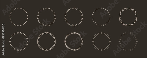 Round analog dashed lines timer icon. Dotted watch, speed frame, meter scale line vector template on dark background