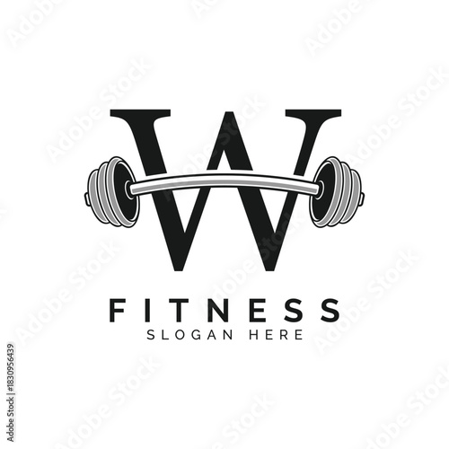Letter W Gym Logo Design. Alphabet W Barbell symbol Icon