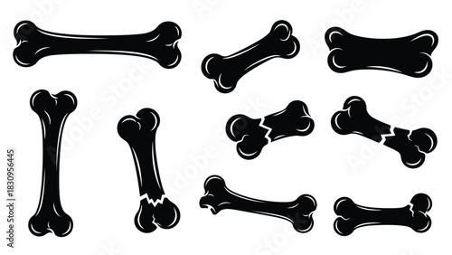 Collection of stylized black bone silhouettes, including intact and fractured designs, rendered in a clean flat vector, isolated on white background