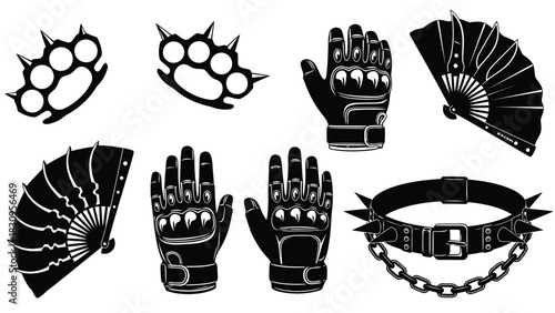 Spiked brass knuckles, tactical biker gloves, sharp folding fans, and a punk rock collar with chain, flat, isolated on white background
