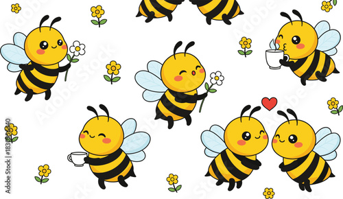 Cute Vector Cartoon Set of Bumble Bees in Various Happy Poses, Holding Flowers and Coffee Cups, and Showing Affection, Surrounded by Yellow Daisies, Ideal for Children and Sweet Themes