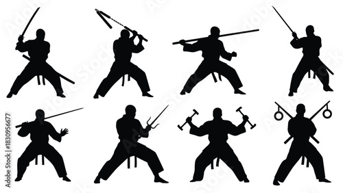 Eight dynamic ninja martial arts warrior silhouettes in various combat poses, wielding traditional Japanese weapons, a, isolated on white background