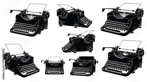 Black vintage typewriters with blank paper, retro writing machines symbolizing communication, journalism, and creative, isolated on white background