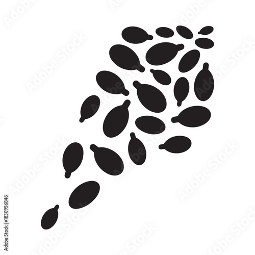 Scattered black seed shapes on a white background