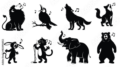 Flat vector illustration of animal silhouettes including lion, wolf, elephant, bear, bird, rabbit, and cat singing with, isolated on white background