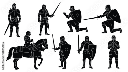 Collection of black silhouettes depicting medieval knights in various dynamic poses, holding swords and shields,, isolated on white background