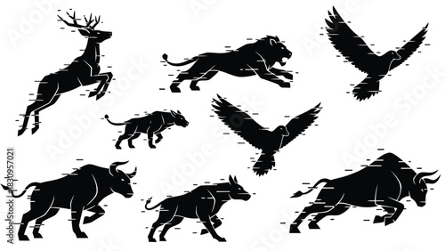 Flat vector illustration of various wild animals in swift motion, depicted as dynamic black silhouettes with modern, isolated on white background