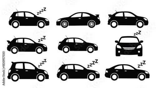Flat vector illustration of black car silhouettes, including hatchbacks and sedans, displaying 'zzz' symbols, denoting, isolated on white background