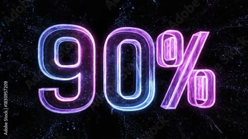 Energetic Neon 90 Percent Animation Dynamic Visuals for Sales Discounts and Promotions with Glowing Light Effects on a Black Background.