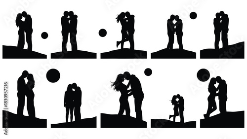 Black silhouette vector illustration of romantic couples embracing and kissing passionately on undulating ground,, isolated on white background