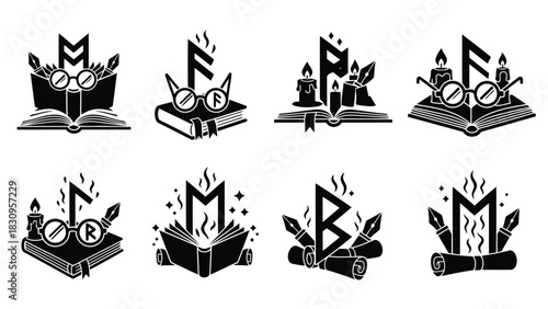 Flat vector logos of mystical rune letters, open books, burning candles, quills, and eyeglasses, symbolizing ancient, isolated on white background