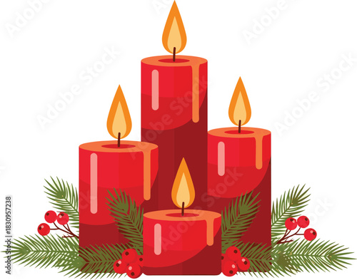 Four red burning Advent candles arranged with green pine branches and festive red berries, a traditional Christmas holiday vector illustration