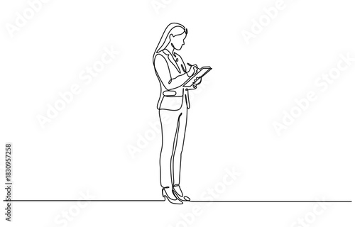 Continuous line drawing of young happy female worker standing while write business note from mentor on paper at clipboard. Isolated on transparent background