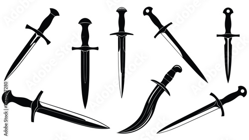 Dynamic collection of sharp medieval daggers and short swords, showcasing varied hilt designs and blade shapes in a, isolated on white background