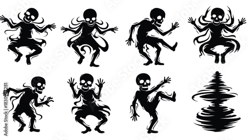 Stylized black skeleton figures with skull heads and swirling tendrils in various spooky dance poses, a flat vector, isolated on white background