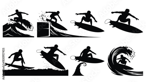Dynamic flat vector illustration of various male surfers in different active poses riding ocean waves, showcasing, isolated on white background