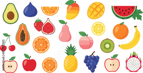 Mega Colorful Tropical Fruit Vector Collection Set Featuring Avocado, Mango, Dragon Fruit, Papaya, Watermelon, Pineapple, Grapes, and Assorted Fresh Produce.