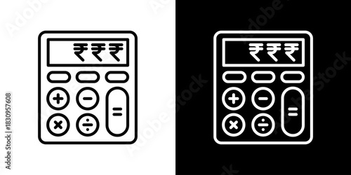 Calculator Icon With Rupee Currency Symbol. Fresh Line Design Built For Creative Flexibility In Light And Dark Versions.