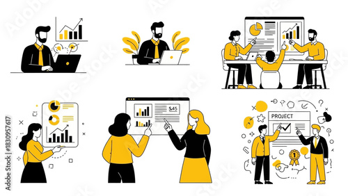 Business team collaborating on project with charts and graphs