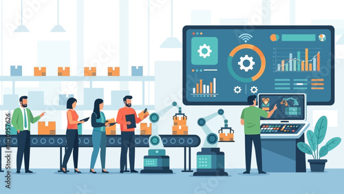 Team working on automated factory production line with robots and monitor.
