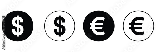Dollar and euro currency icon set, featuring clean vector illustrations, multiple styles and representing finance, banking, transactions, global currency concepts, and modern financial design 