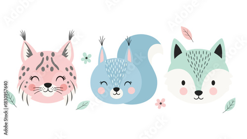 Cute stylized forest animals with leaves and flowers