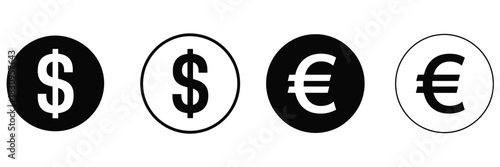 Dollar and euro currency icon set, featuring clean vector illustrations, multiple styles and, representing finance, banking, transactions, and global currency concepts for digital and print use