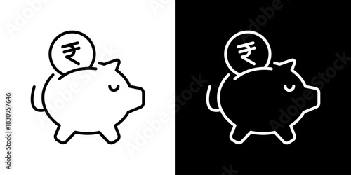 Piggy Bank Icon With Rupee Currency Symbol. Fresh Line Design Built For Creative Flexibility In Light And Dark Versions.
