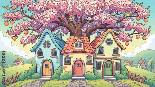 Charming village houses under a blooming fruit tree in spring.