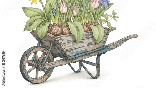 Spring garden planting in an old wooden wheelbarrow