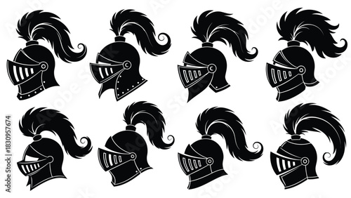 Collection of detailed medieval knight helmets with elaborate feather plumes in various side profiles, presented as a, isolated on white background