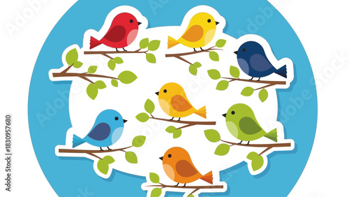 A group of colorful cartoon birds are perched on branches.