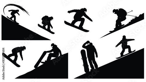 Dynamic black silhouettes of snowboarders and a skier riding, jumping, and standing on snowy slopes, a flat vector, isolated on white background