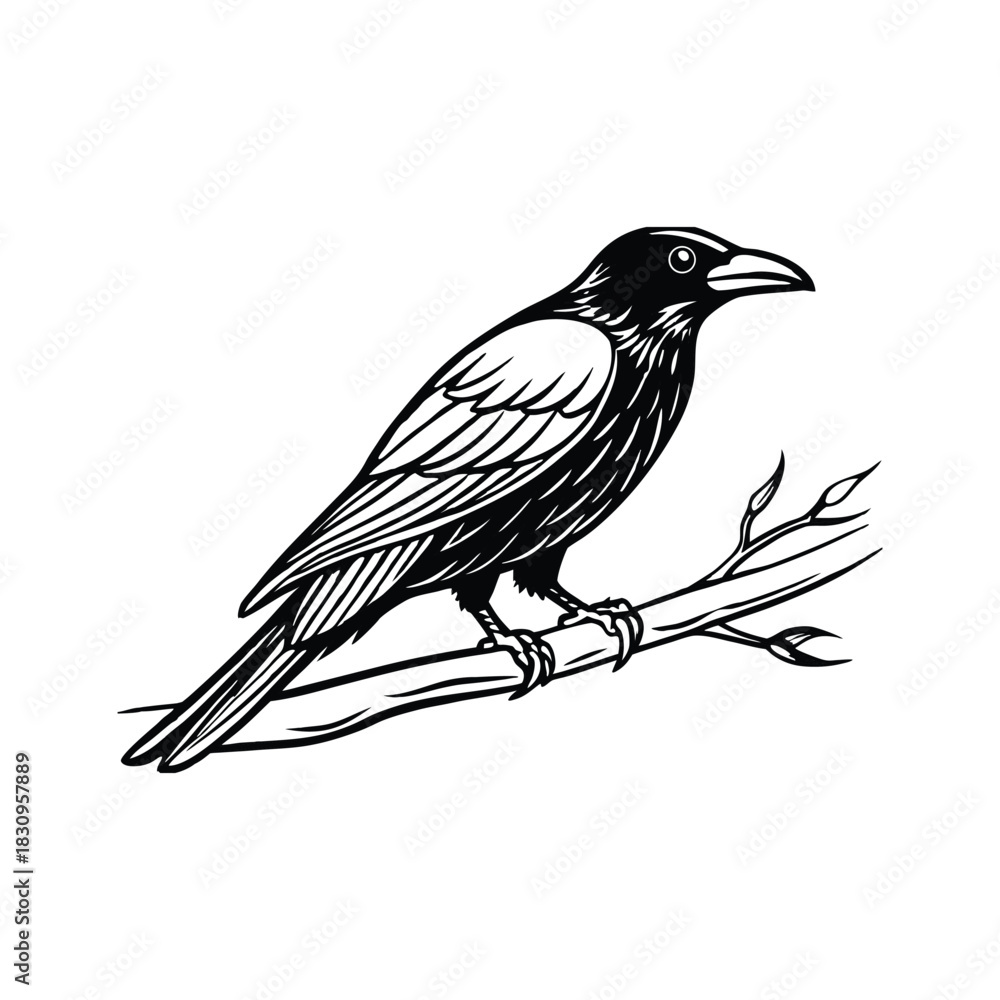 Obraz premium Silhouette of crow sitting on branch