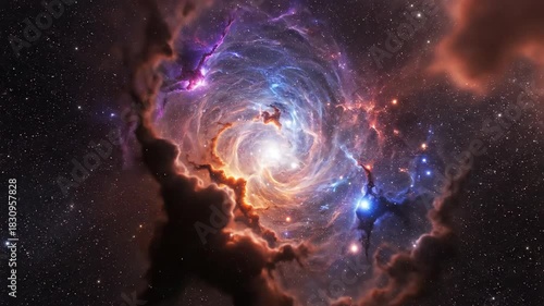 Swirling cosmic nebula with radiant core amidst stellar clouds and a field of distant stars