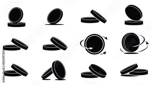Flat vector illustration set of black silhouette coins in various dynamic poses, including spinning, falling, stacking,, isolated on white background