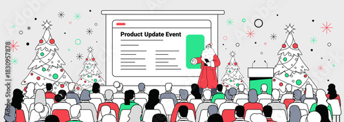Santa Christmas business presentation festive audience conference hall decorated trees modern holiday event stage flat design