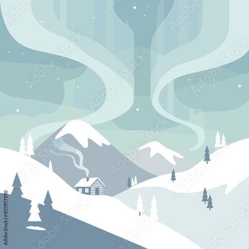 Vector illustration of a tranquil winter scene with a remote cabin, snowy mountains, and the aurora borealis lighting up the night sky