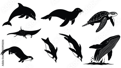 Flat vector silhouettes of ocean wildlife: dolphin, seal, sea turtle, manta ray, otter, penguins, and breaching whale., isolated on white background